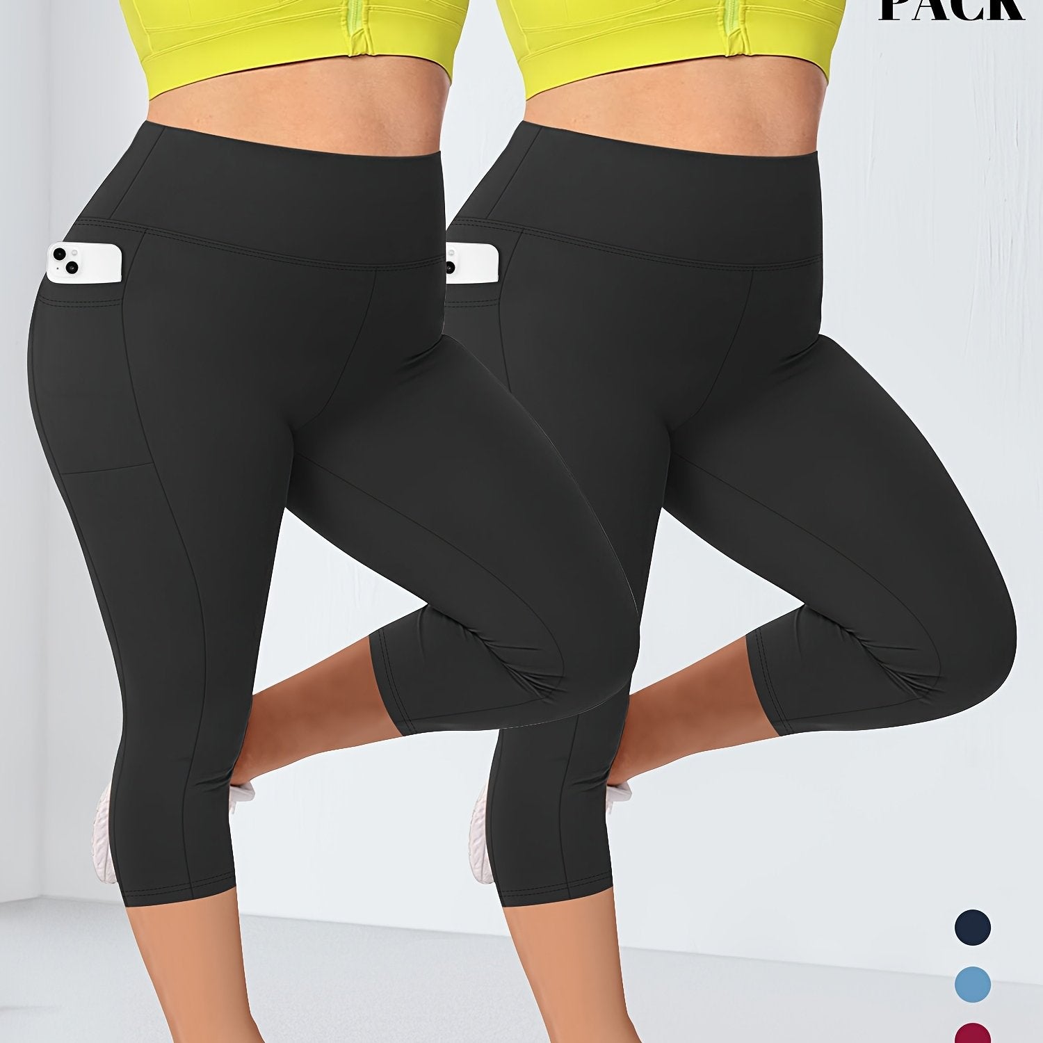 Plus Size Women's High-Waist Leggings 2-Pack with Pockets Stretchy Blue Black