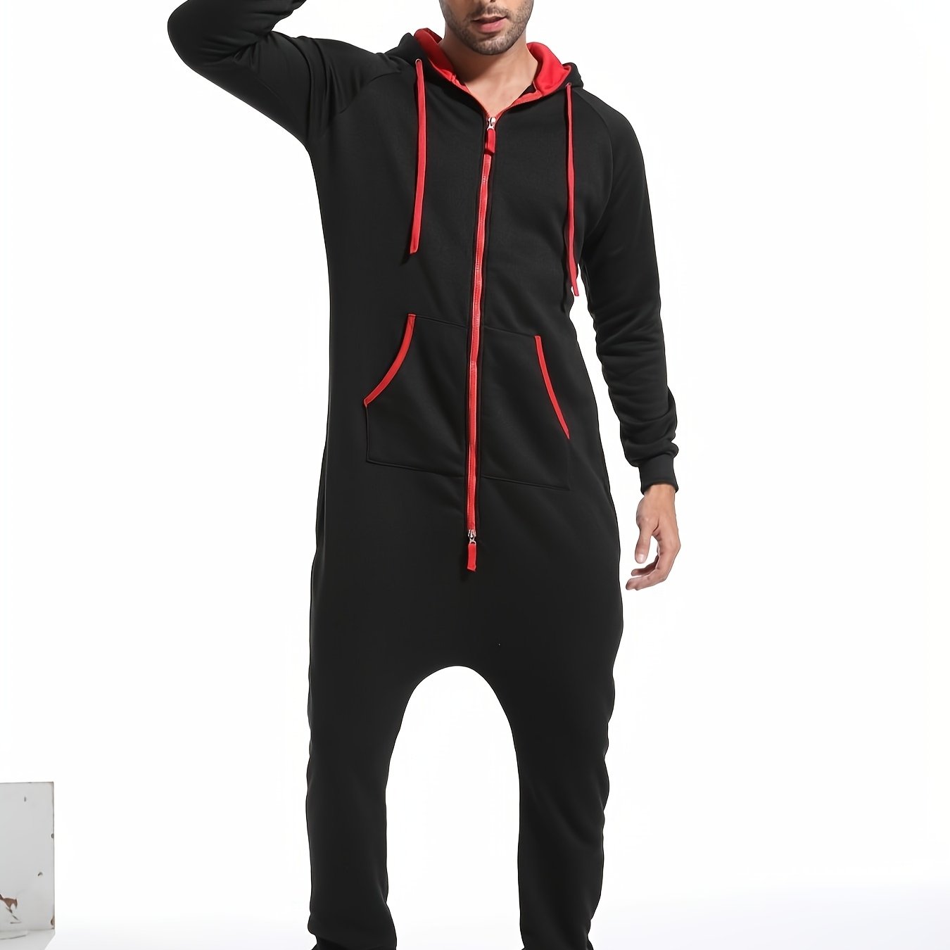 Men's Winter Pajama Jumpsuit Solid Long Sleeve Knit Polyester Hooded Pockets Comfortable Lounge Wear