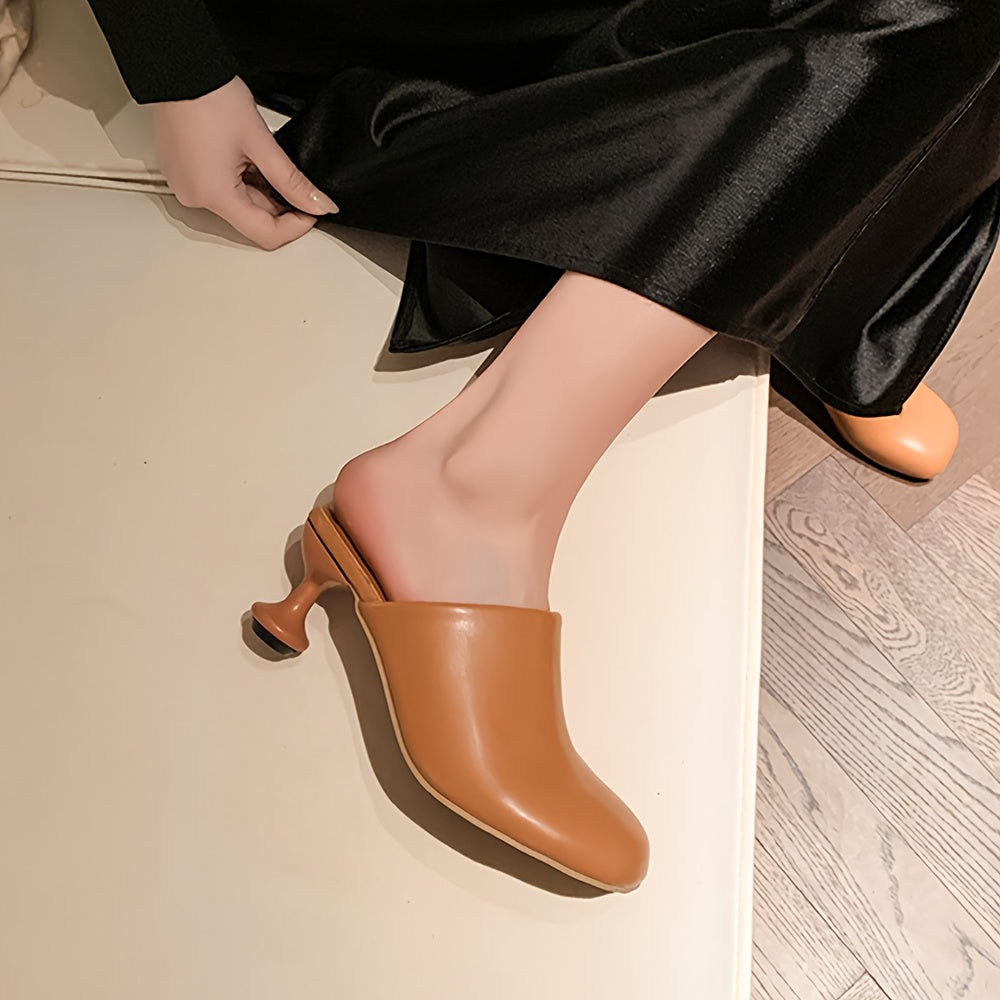 Women Beige Mules with Round Toe Contoured Heel Casual Formal Shoes