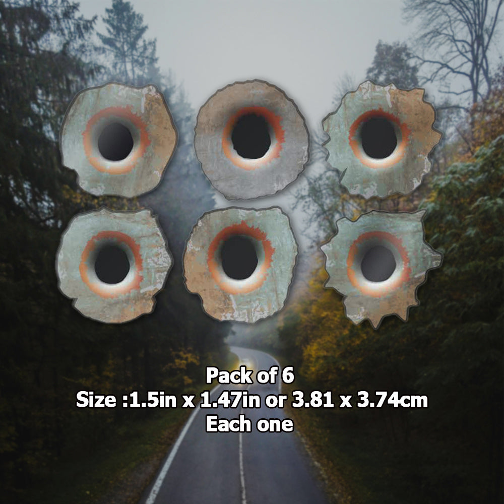 6pcs Rusty Bullet Hole 3D Film Stickers for Vehicles Large Caliber Realistic