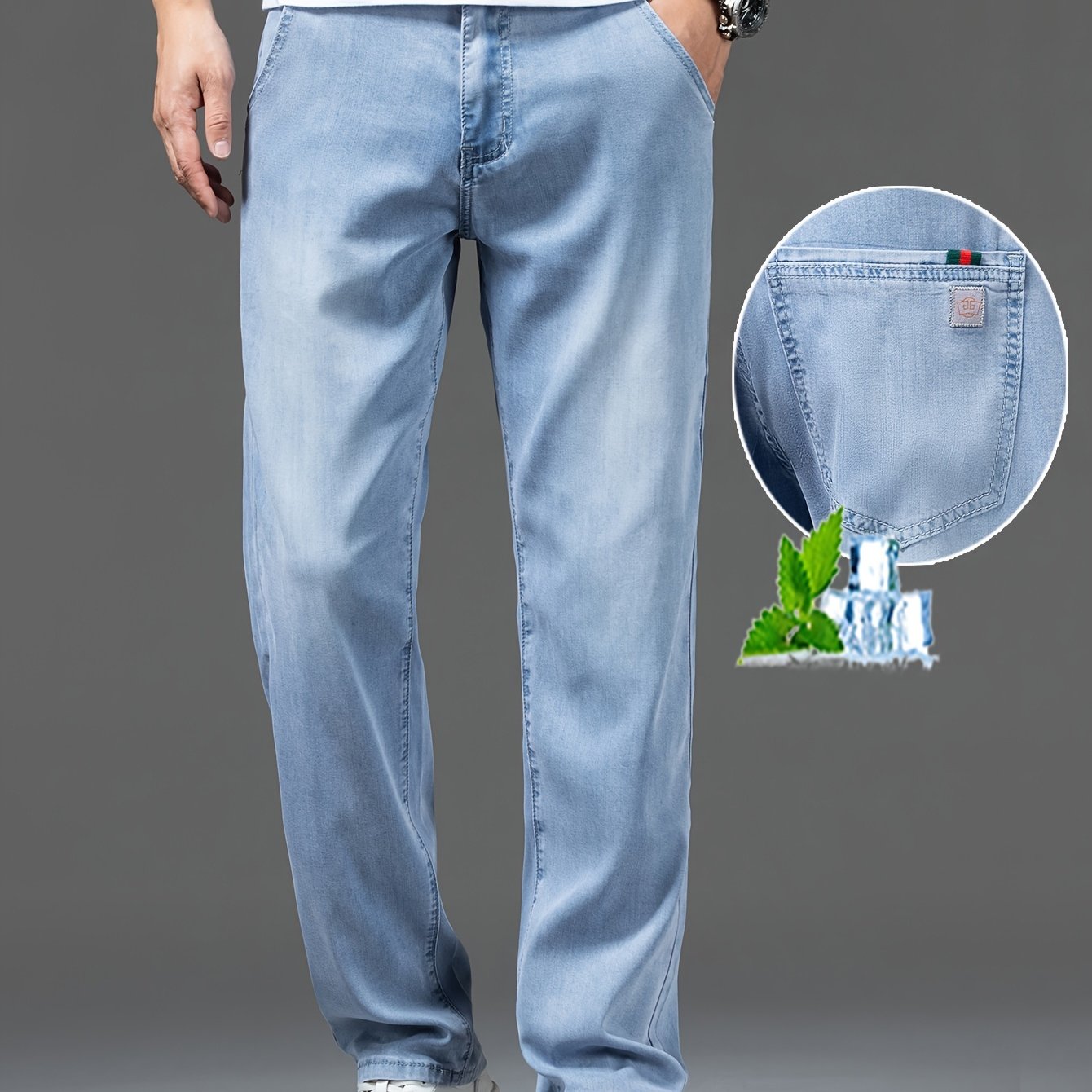 Men's Light Blue Straight Leg Denim Jeans with Lyocell Blend for Summer Casual