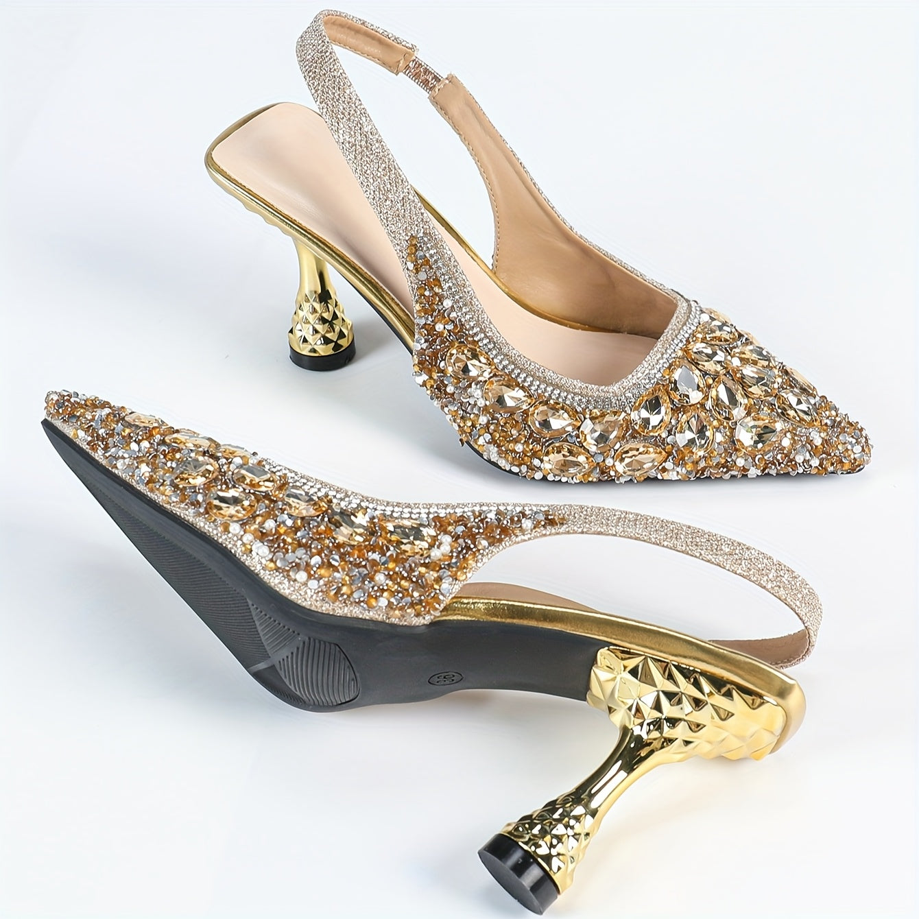 Women's High Heels with Rhinestones and Gold Accents for Weddings and Parties