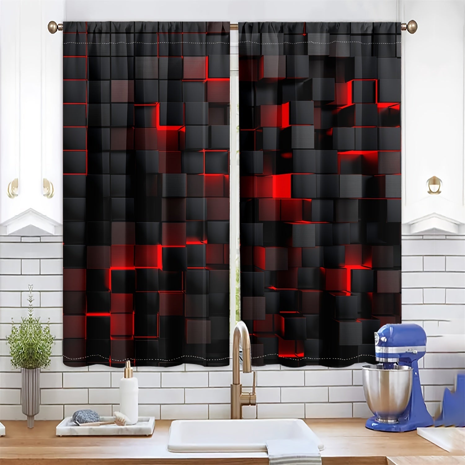Set of 2 Abstract Red and Black Gradient Geometric Curtains Semi-Transparent Drapes for Living Room Bedroom Privacy