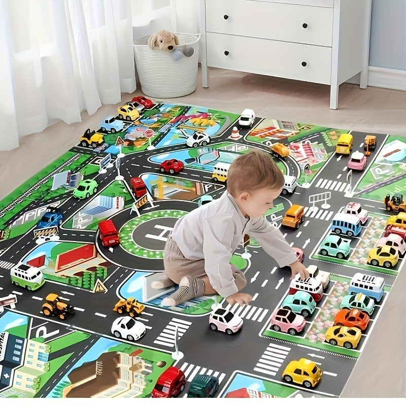 Large Green City Traffic Play Mat for Kids Waterproof Non-Woven Fabric Educational Vehicle Road Sign