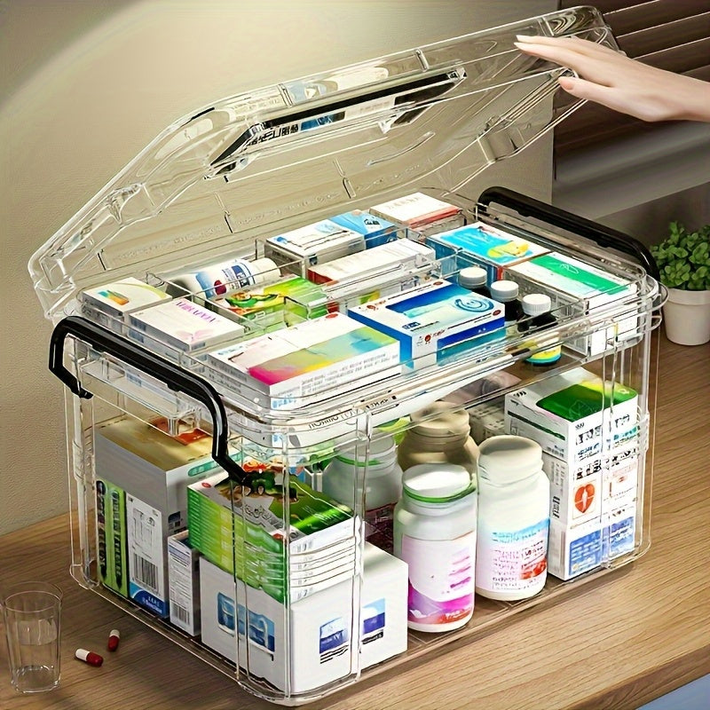 Caja de almacenamiento de medicamentos impermeable con asa, organizador de 2 niveles, contenedor de plástico para debajo de la cama