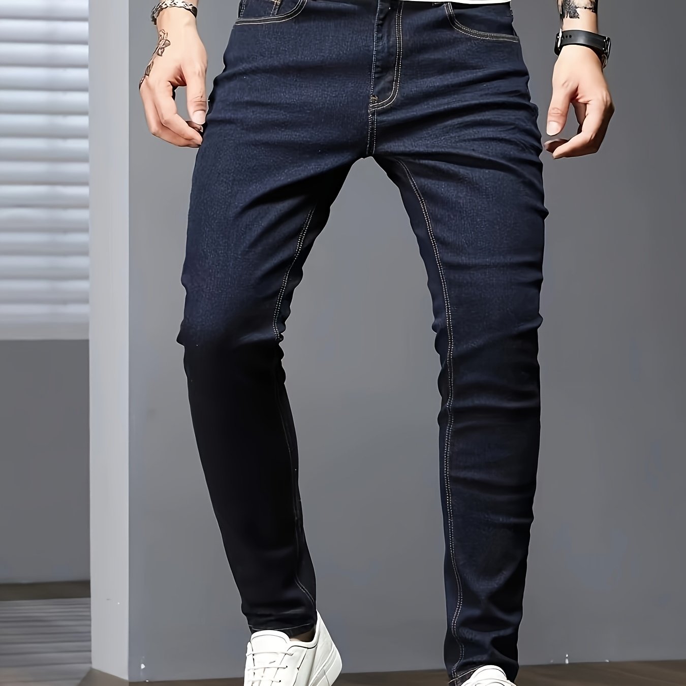 Men's Slim Fit Jeans Solid Color Stretch Denim Raw Wash All-Season
