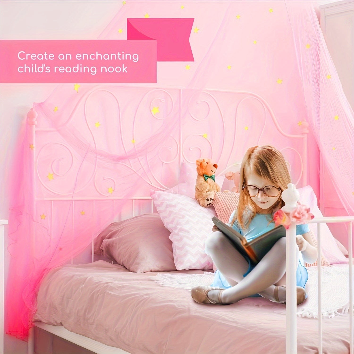 Mosquitero rosa para cuna de bebé con estrellas que brillan para decorar la cuna y el dormitorio