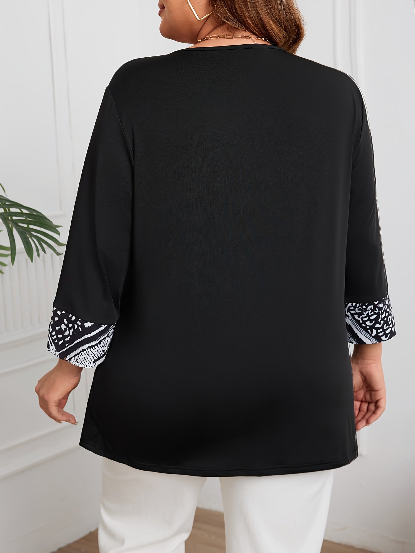 Plus Size Women's Faux Two-Piece Geometric Print Blouse with Tie Waist