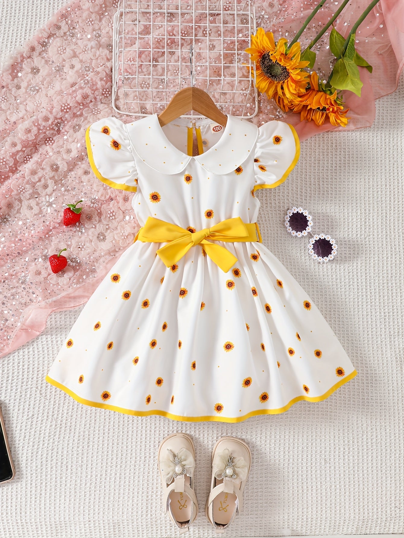 Girls' Woven Polyester Summer Sleeveless Dress with Doll Collar Ruffled Hem and Strawberry Pattern