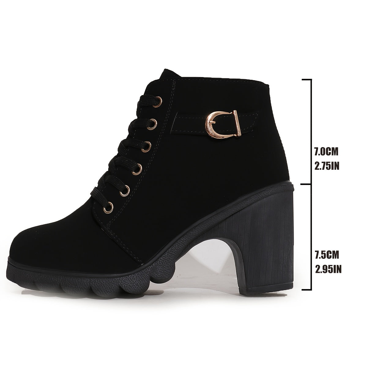 Women Ankle Boots Winter Thick Sole Side Zipper Lace-Up Casual Black Synthetic