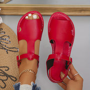 Women's Red Faux Leather Peep-Toe Flat Sandals for Summer Casual