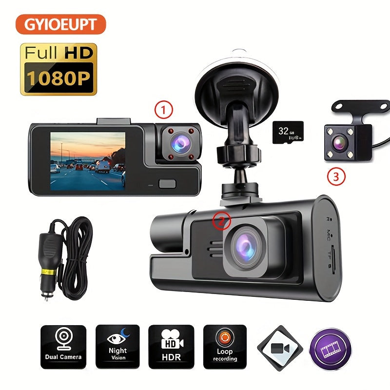 GYIOEUPT Uch kamerali old linza 1080P, 480P bilan o'rnatilgan linza va 480P HD tachograf bilan orqa linza. Xususiyatlarga infraqizil tungi ko'rish, aylana yozuv, 5.08 sm IPS ekran kiradi.