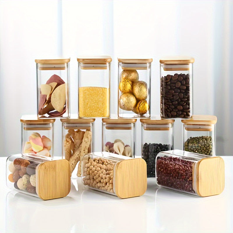 12-Piece Square Glass Spice Jar Set with Waterproof Labels and Bamboo Lids
