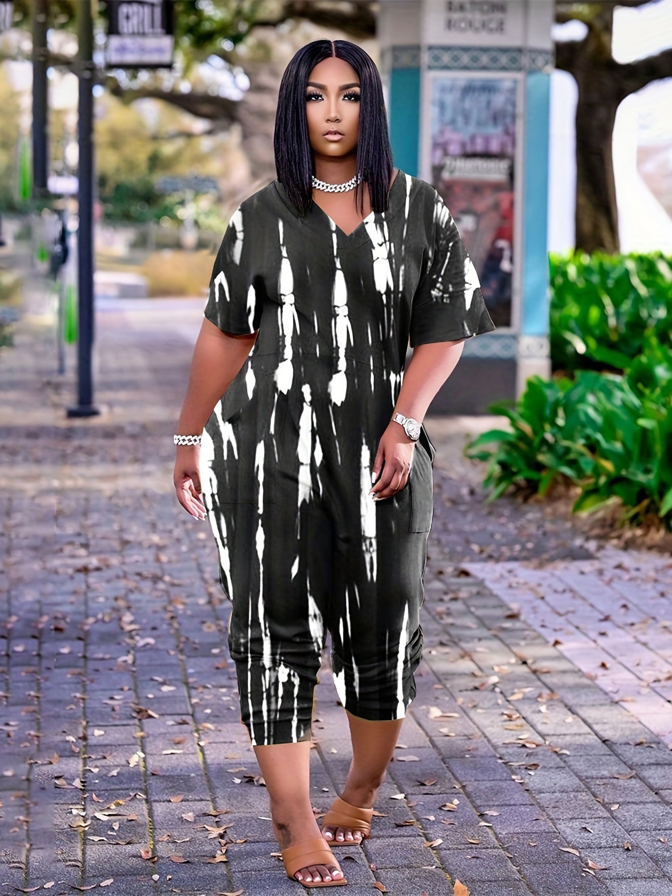 Women's Plus Size Casual Tie-Dye Jumpsuit with Pockets