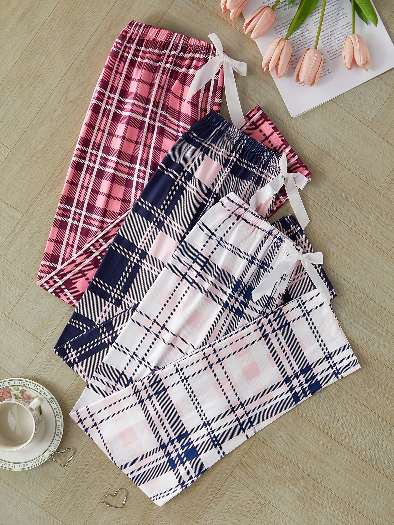 3-упаковка женских пижамных брюк в клетку из полиэфирного трикотажа с бантом для комфорта в любое время года