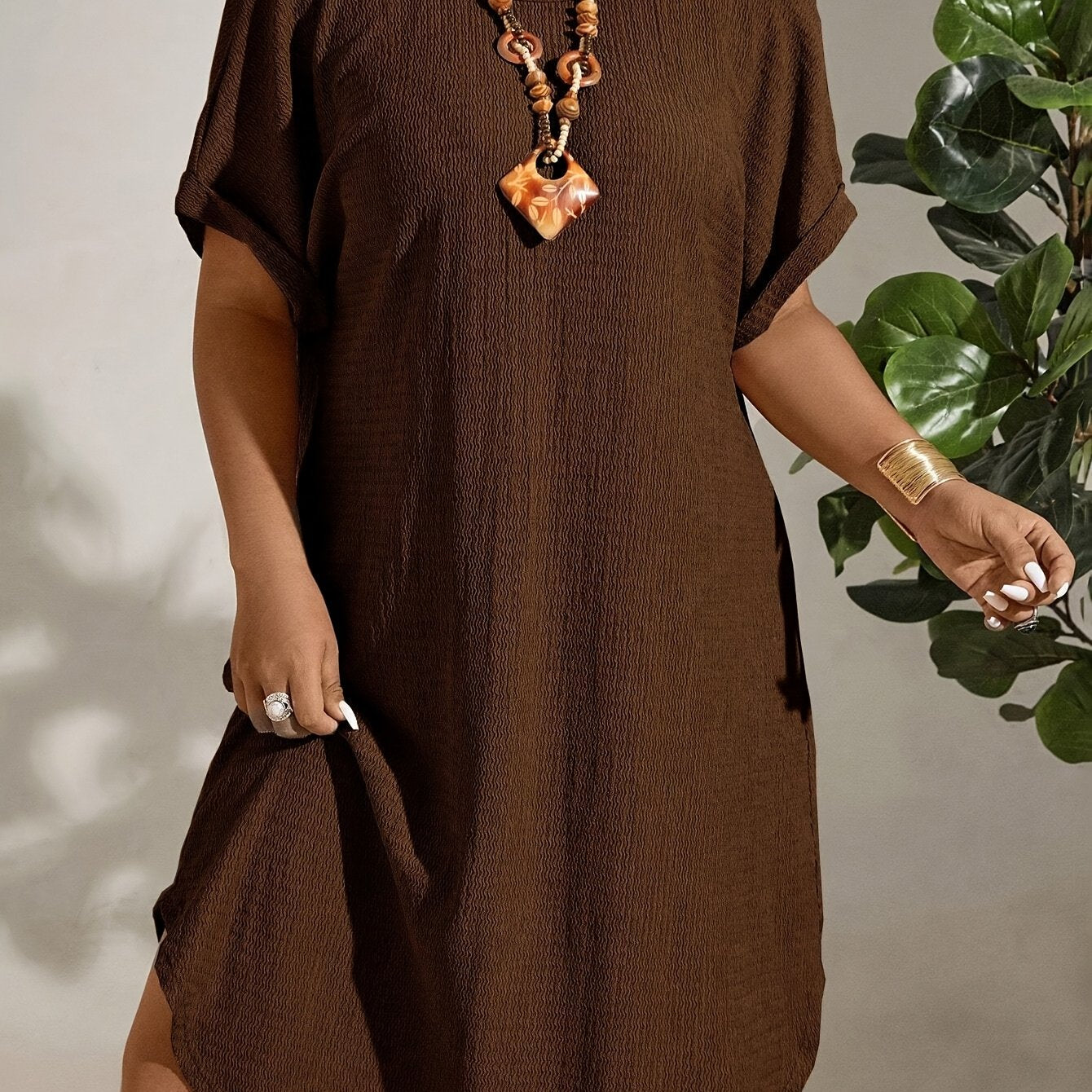 Plus Size Green Midi Dress with Batwing Sleeves V-Neck Textured Polyester for All Seasons