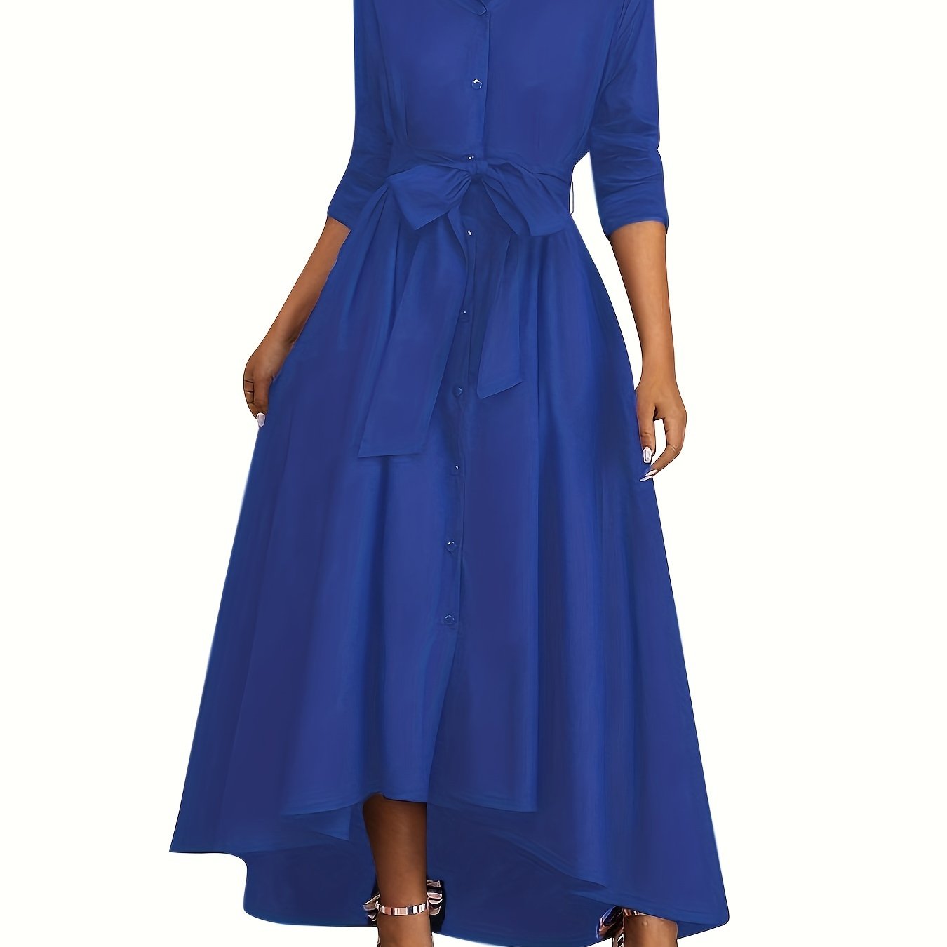 Green Midi Dress for Women Long Sleeve Belted Button-Up Collar Casual Fall Winter