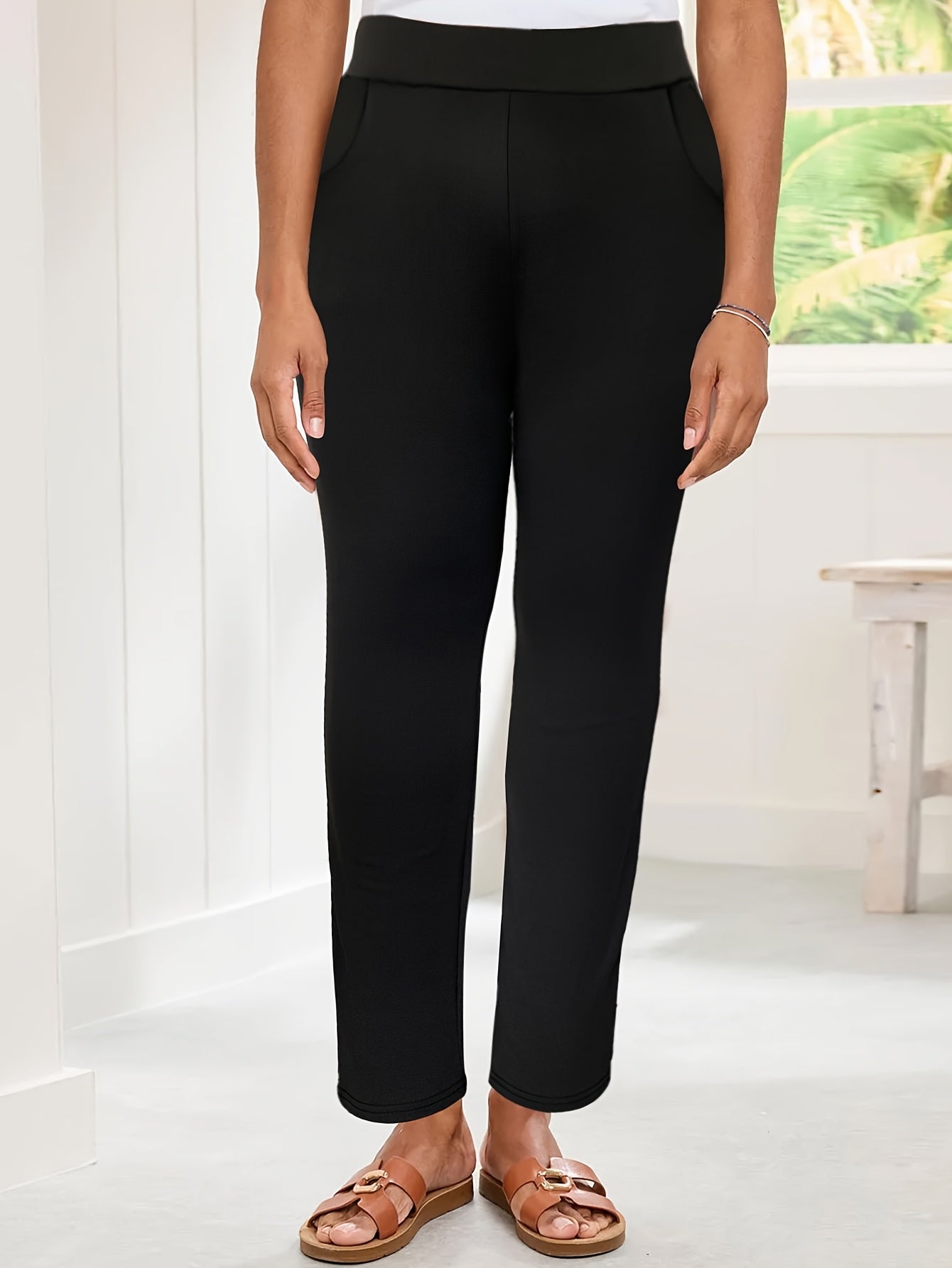 Women's Plus Size Stretch Straight Leg Pants Black Casual Semi-Formal