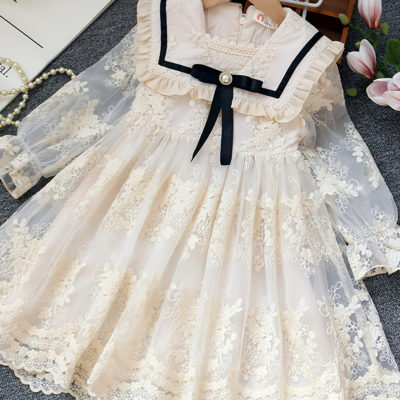 Girls' Lace-Trimmed Princess Dress with Mesh Collar Long Sleeves for Spring Autumn