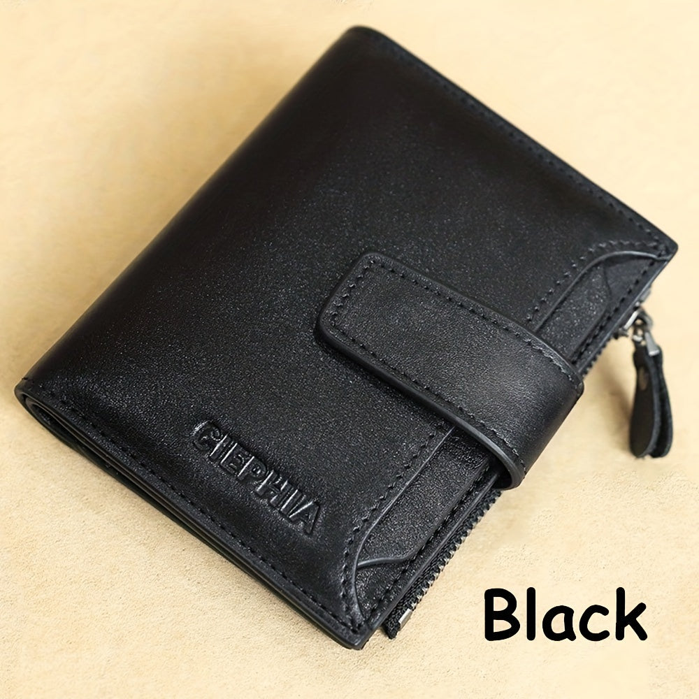 Men's Genuine Leather Wallet RFID Blocking Zipper Coin Pocket Vintage Dark Brown