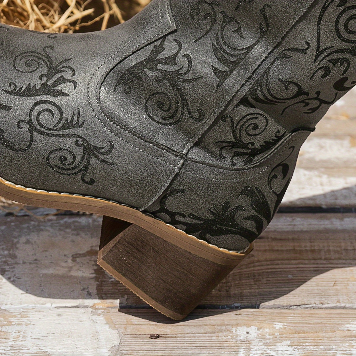 Women's Brown Laser-Cut Floral Mid-Calf Boots with Wooden Heel