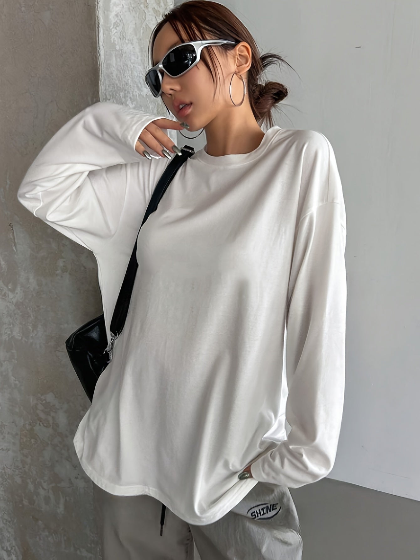 Women's White Crew Neck Long Sleeve T-Shirt Polyester Viscose Elastane Casual Fall Winter