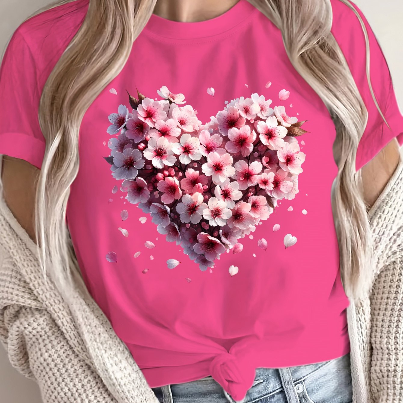 Women Plus Size Loose T-Shirt with Heart Pattern Cotton Short Sleeves