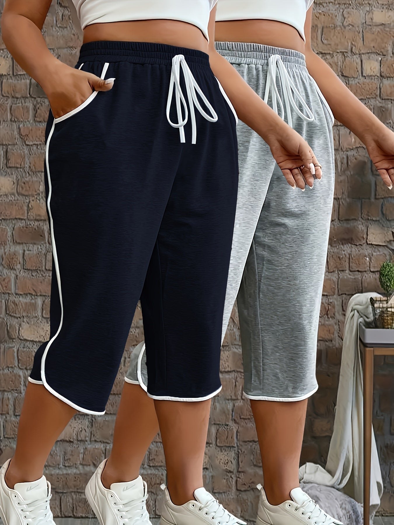 Pantalones capri de color sólido para mujer talla grande, pack de 2, con elastano, casual, de corte cropped