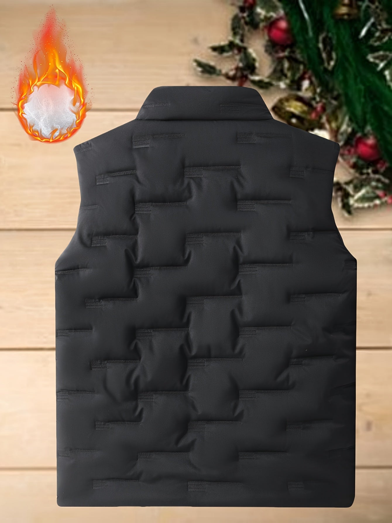 Men's Sleeveless Vest Black Polyester Stand Collar Geometric Pattern Autumn Winter Layering
