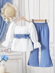 Conjunto de pantalones largos para niñas con camiseta de manga larga y pantalones de campana para primavera y otoño