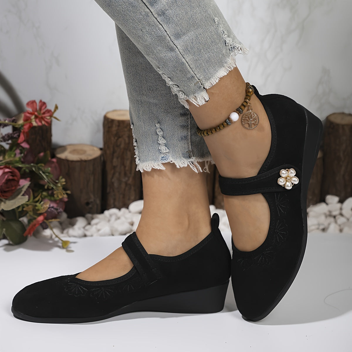 Ayollar uchun flanelli tikilgan Mary-Jane poyabzali, engil, kundalik, yengil burchakli taglik bilan