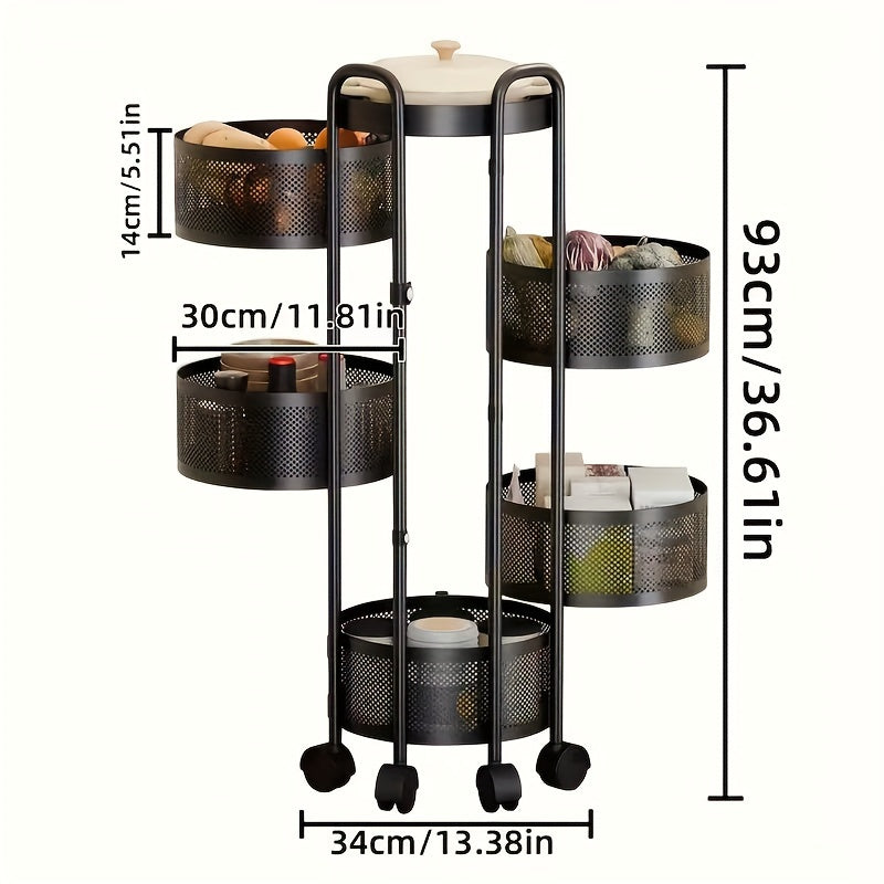 5-Tier Rotating Vegetable Storage Rack with Metal Shelves and Casters
