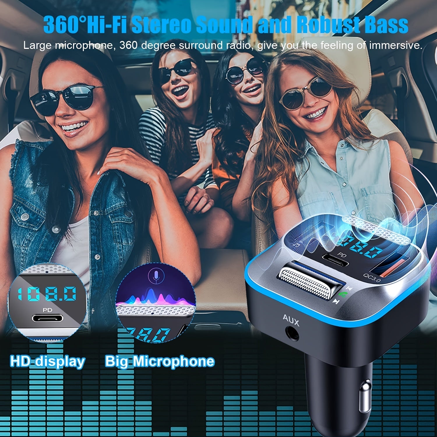 Car Wireless Transmitter Bluetooth Adapter 30W PD QC3.0 Hands-Free Calling LED Console