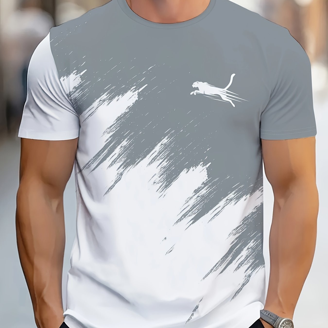 Erkaklar uchun tasodifiy krujka bo'yinli futbolka, geometrik naqsh bilan, 100% polyester to'qilgan matodan tayyorlangan, oddiy kesimda va biroz cho'ziluvchan.