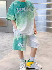 Conjunto de ropa casual para niños y niños con camiseta de manga corta con estampado de alfabeto y pantalones cortos de poliéster para primavera y verano, ropa para exteriores