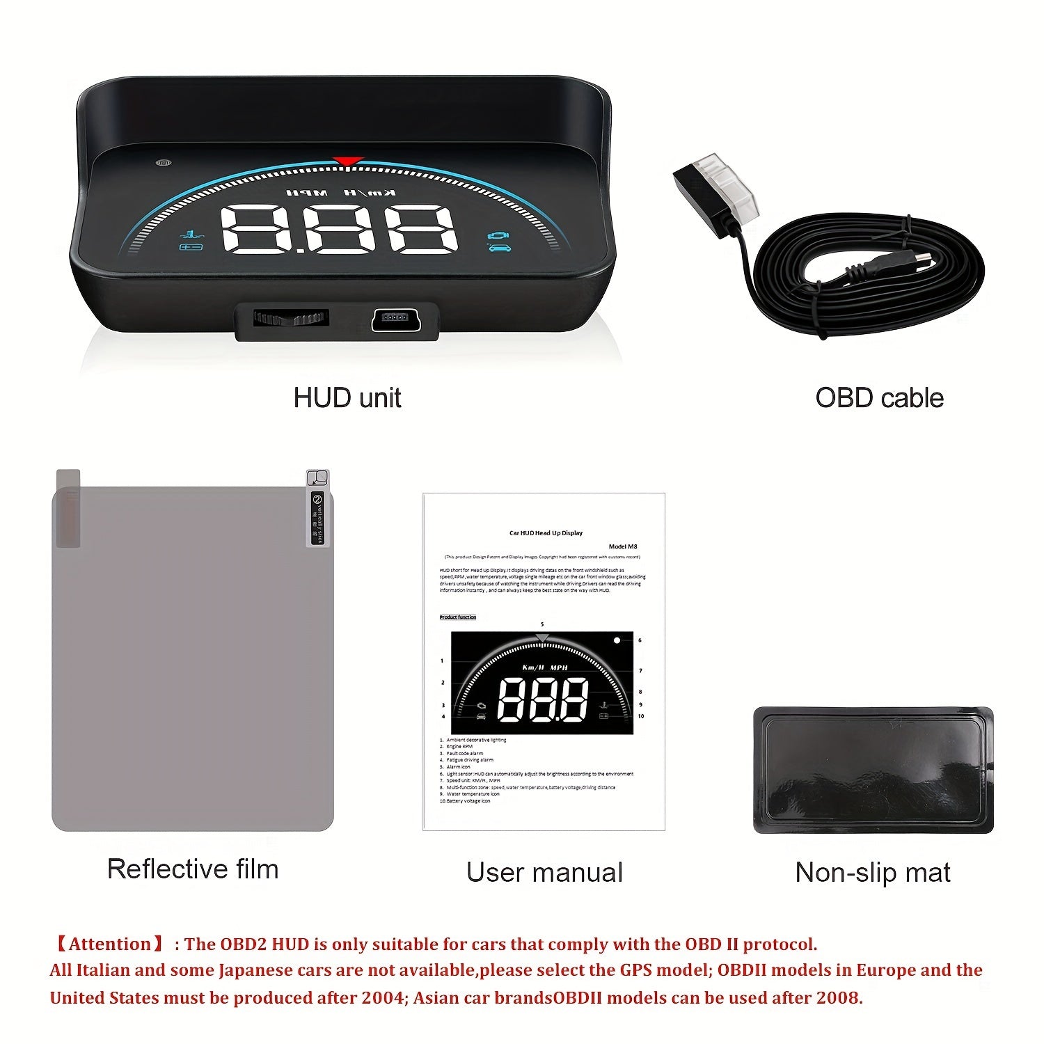 Car Heads-Up Display HD Portable Projector for Vehicles Speed Temperature Alarm