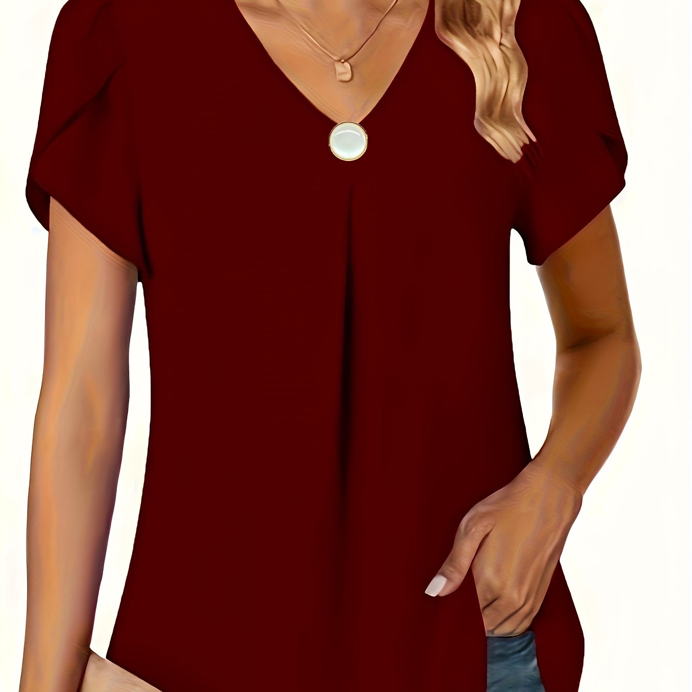 Women's Chiffon V-Neck Blouse with Ruffles Short Sleeves Elastic Waist Solid Color