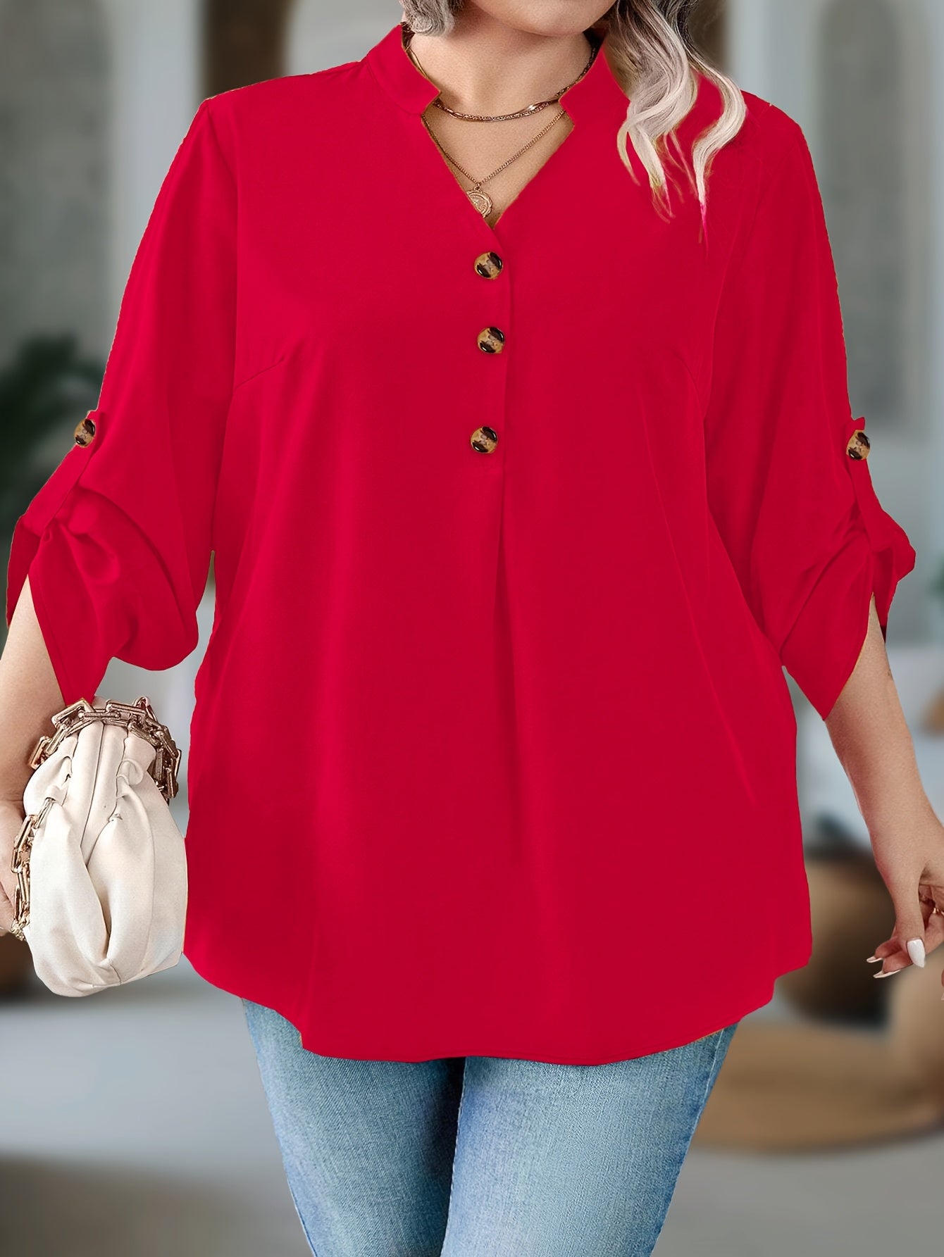 Plus Size Women's V-Neck Blouse Long Sleeve Elegant Solid Color Casual Formal