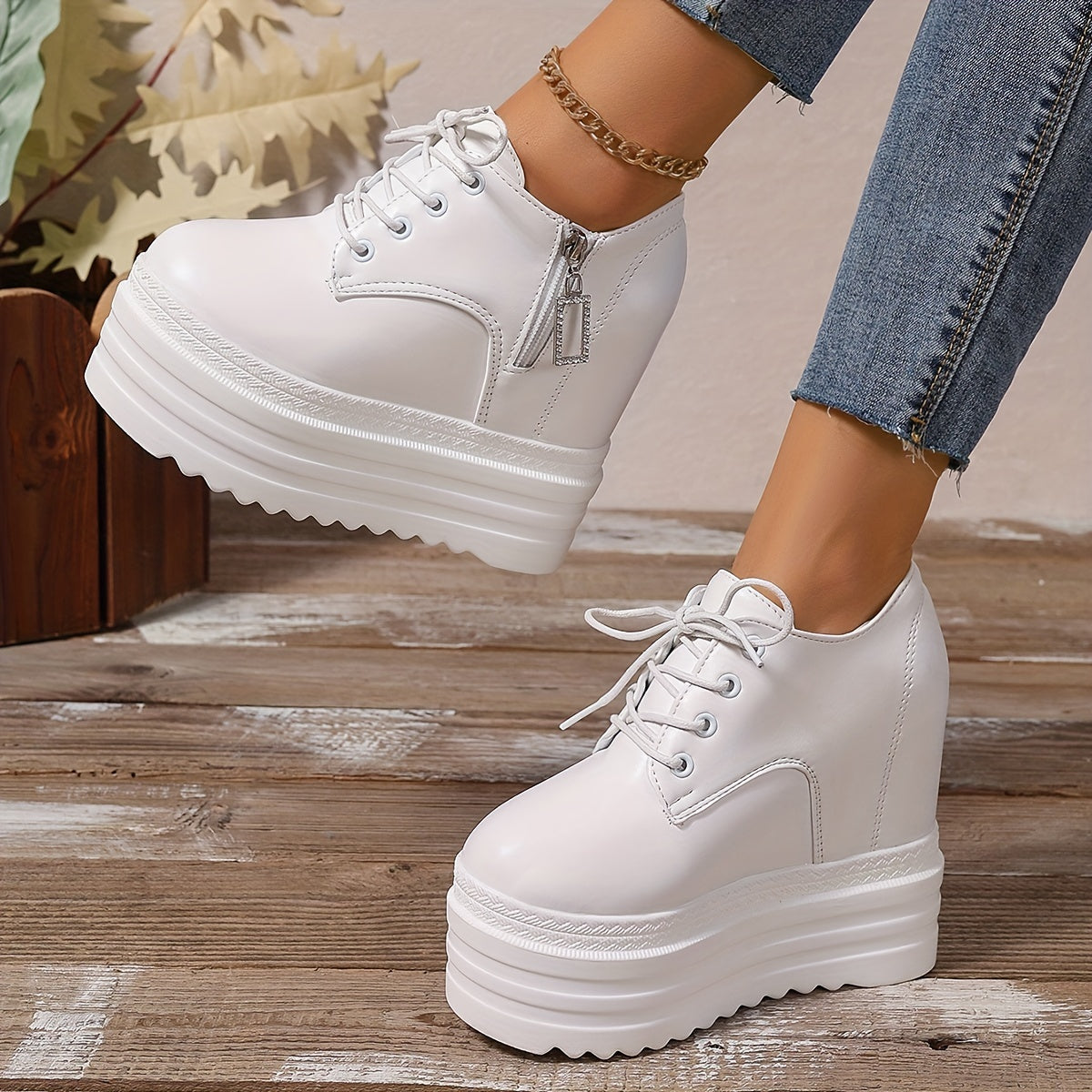 Zapatos de plataforma blancos para mujer con cremallera, suela gruesa y tacón alto
