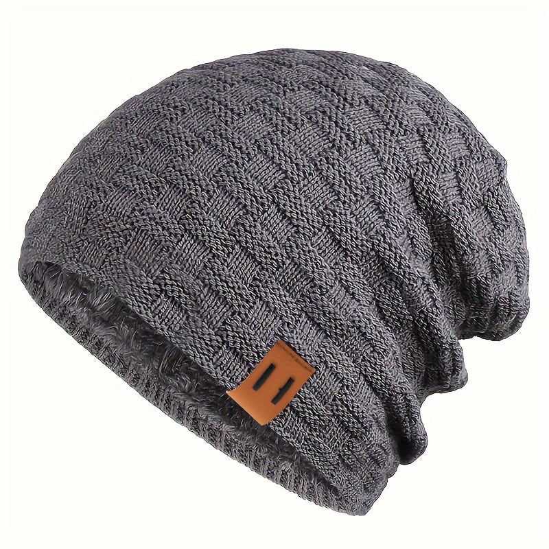 Men's Knit Beanie Winter Hat Faux Leather Patch Warm Windproof for Cycling Hiking