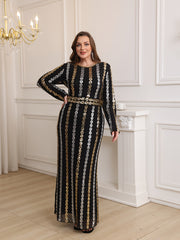 Women's Long Sleeve Sequin Evening Gown for Parties with Round Neckline