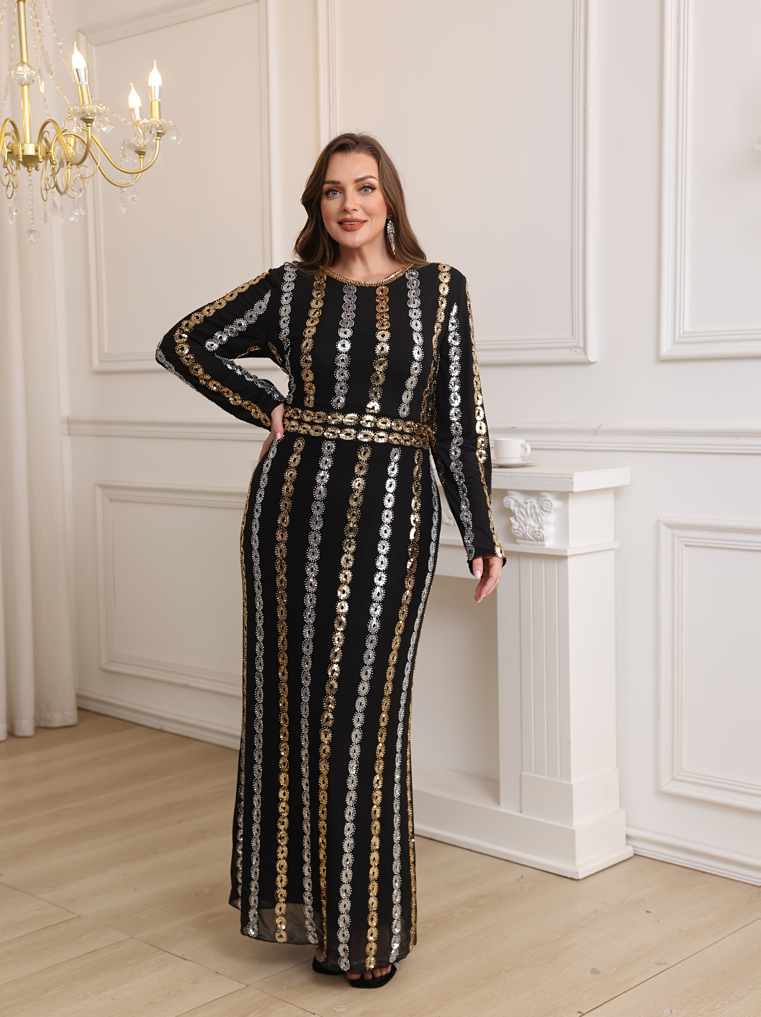 Women's Long Sleeve Sequin Evening Gown for Parties with Round Neckline