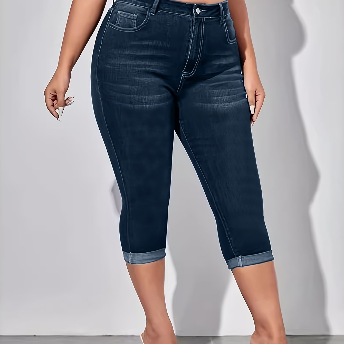 Jeans de mezclilla azul elásticos de talla grande para mujer, de tiro alto y ajuste delgado