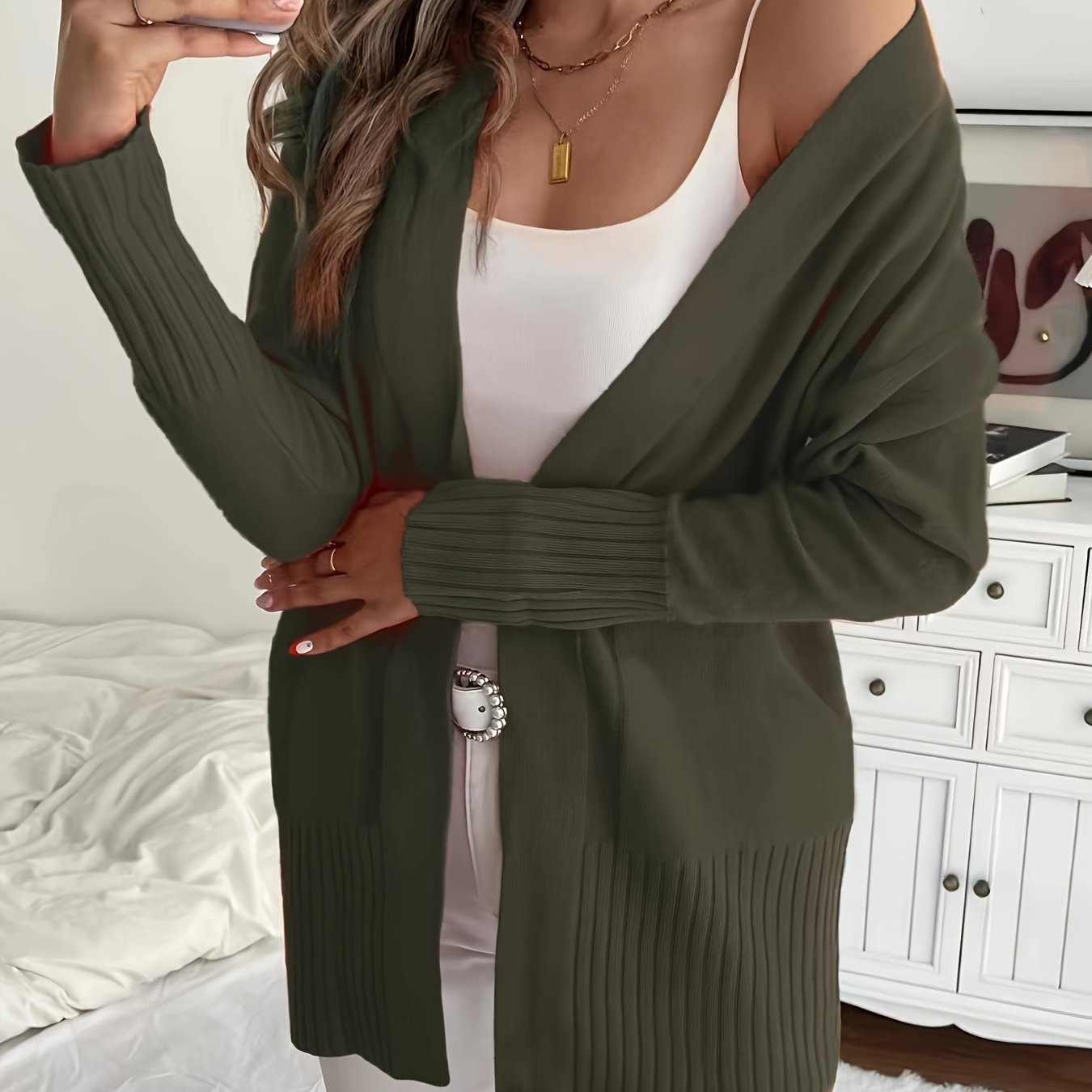 Plus Size Women Open Front Cardigan Long Sleeve Autumn Winter Casual Solid Color