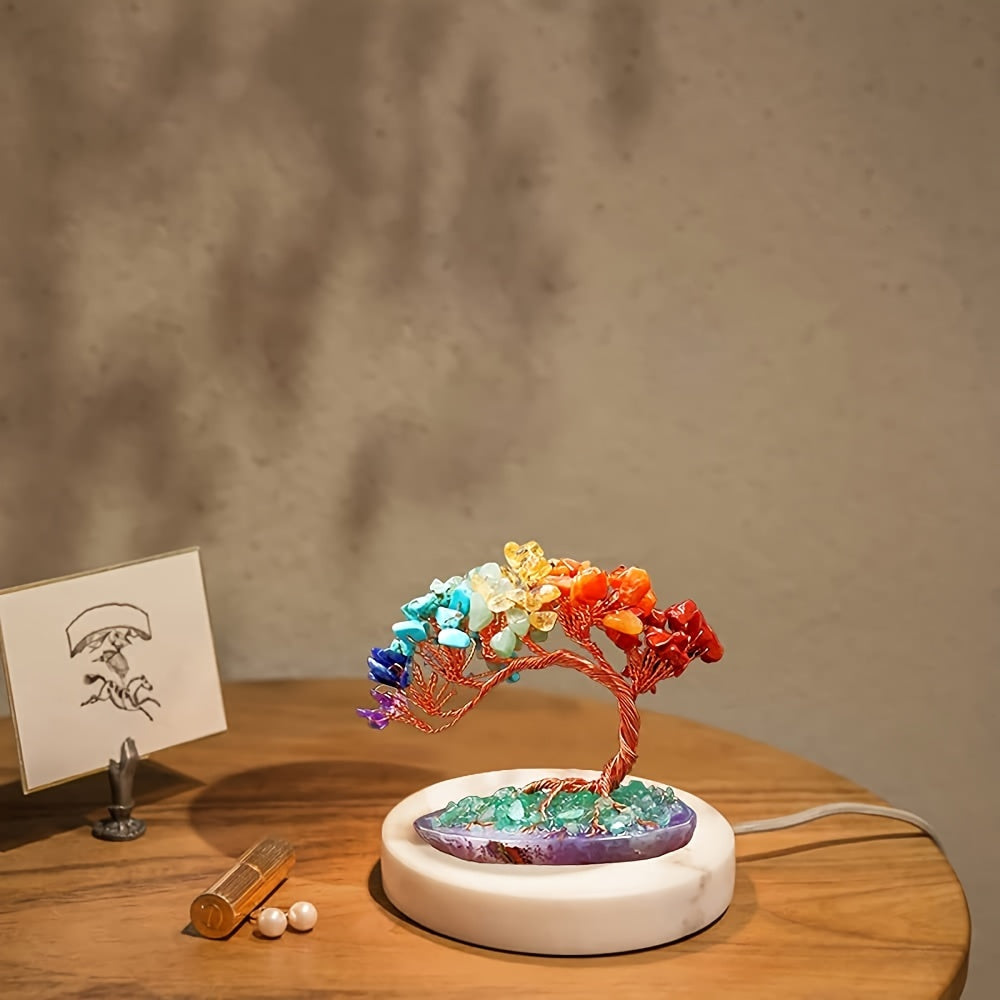 Handcrafted Crystal Tree of Life with Copper Wire and Agate Slice Base Small Gravel Stone Accent