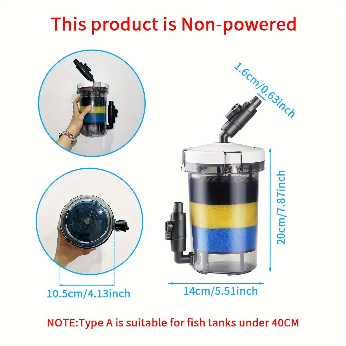 208.2 L gacha bo'lgan akvariumlar uchun jim filtr chelak, 16mm suv chiqishi, PVC material, shirin va tuzli suv uchun mos.