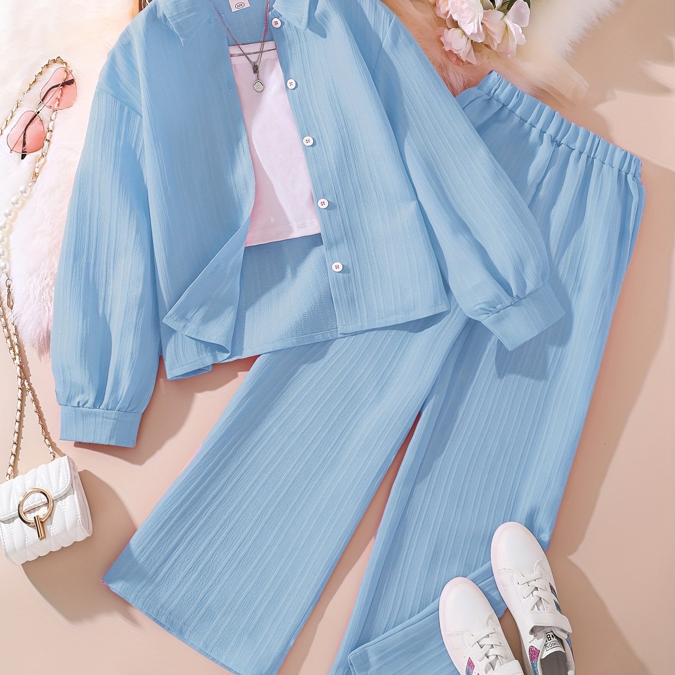 Girls' Clothing Set for 8-12 Years Long Sleeve Solid Color Korean Style Casual Outfit