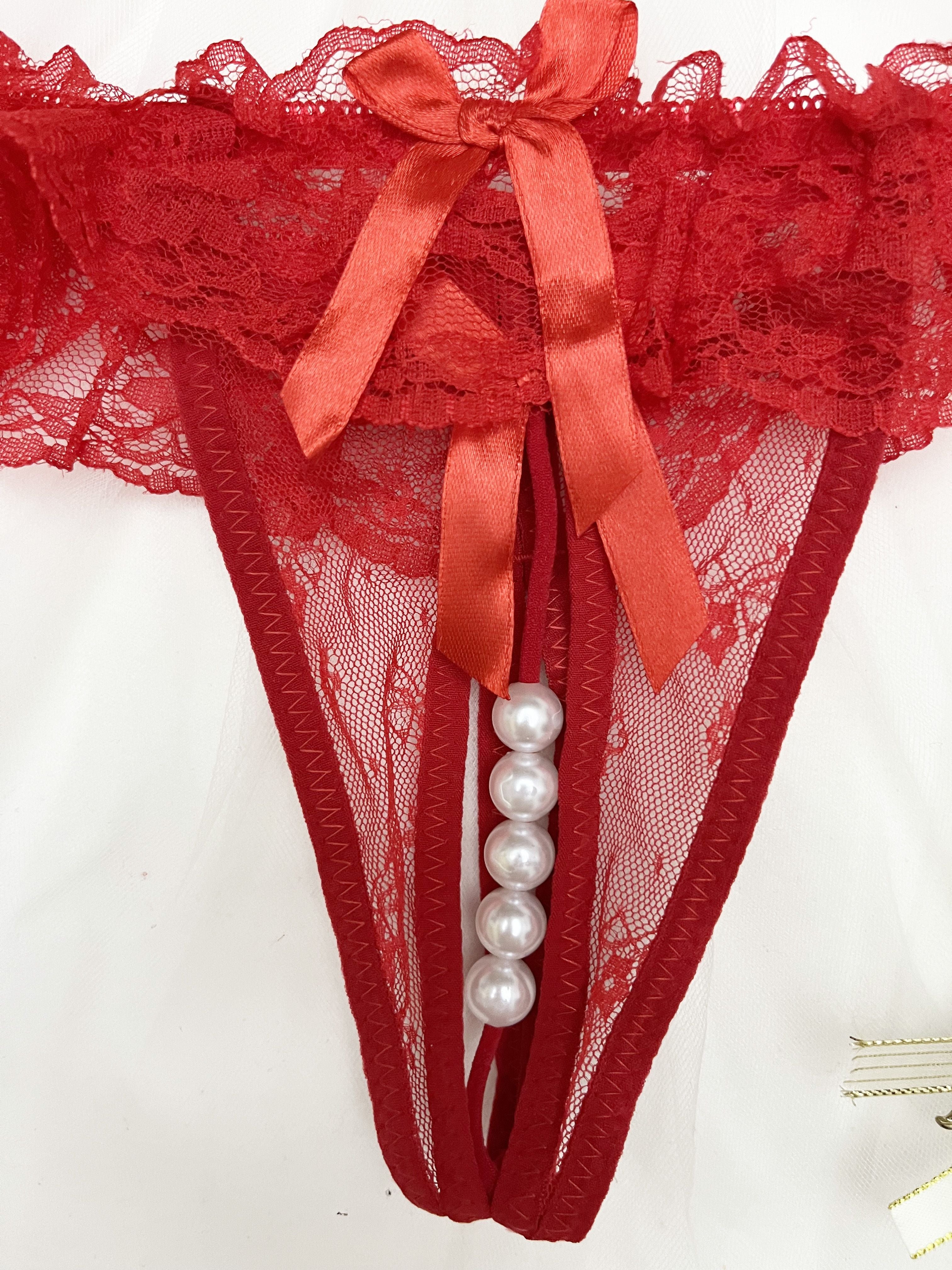 Two Pack Solid Color Lace Thongs with Double Bow and Beaded Detail