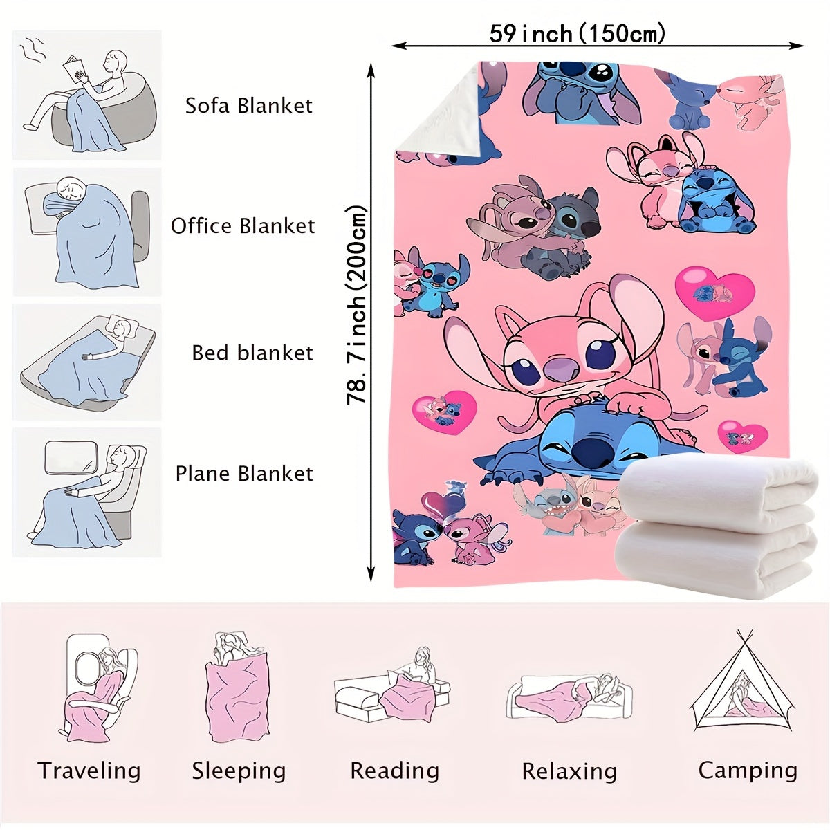 Pink Heart Stitch Cartoon Blanket Multi-Functional Knit Polyester Throw for Bedroom Couch Car