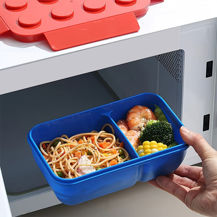 Qizil va ko‘k qurilish bloklari tushlik qutisi, idishlar bilan, suv o'tkazmaydigan, mikroto‘lqinli pechga mos, 3 bo‘limli Bento